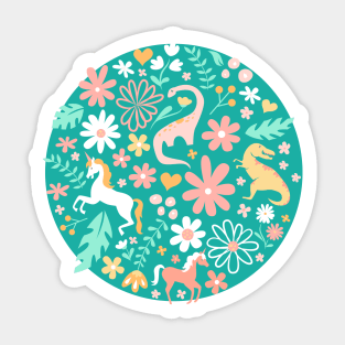 Dinosaurs + Unicorns in Teal Sticker